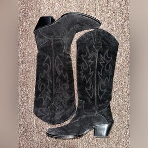 Zara Genuine Suede Western Black Embroidered Tall Knee High Boots